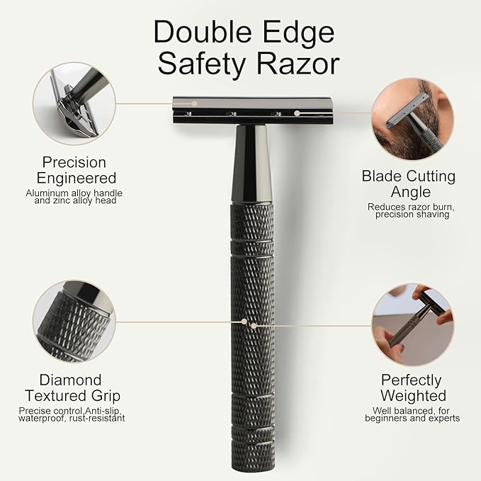 Shiny Gun Black Double Edge Safety Razor, Single Blade Razors for Men and Women, with 10 Stainless Steel Safety Razor Blades, Reusable Smooth and Close Wet Shaving Kit, Plastic Free
