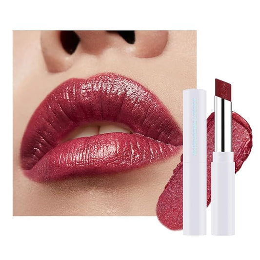 Wine Red Shimmer Metallic Moisturizing Glow Plumping Lipstick Makeup, Lipstick with Metallic 3D Shine Lightweight Hydrating Formula, Glitter Lip Gloss Stain Long Lasting Waterproof (06#Wine Red)