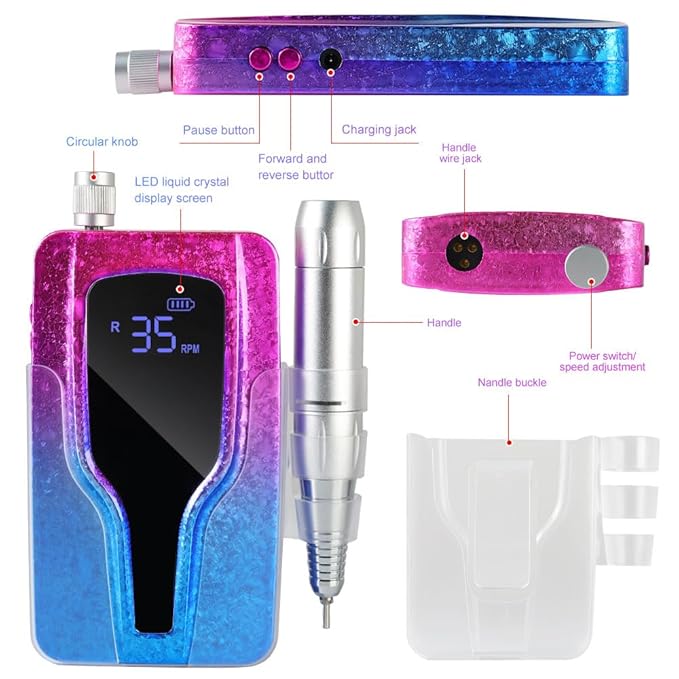 ANRLO Professional Electric Nail Drill, 45000 RPM Cordless Rechargeable E-File Machine, with 12 Bits, Sanding Bands, LCD Display for Acrylic Gel Nails (DMJ-BLY-P40-Purple)