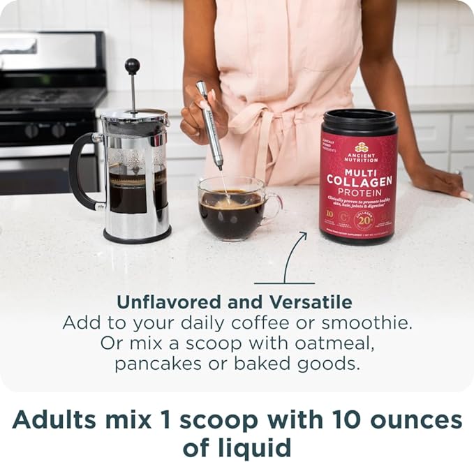 Ancient Nutrition Collagen Peptides Powder, Multi Collagen Protein, Women & Men, Vitamin C, Probiotics, Hydrolyzed Collagen, Supports Skin, Joints, Gut Health, Unflavored, 40 Servings