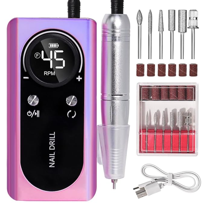 ANRLO Professional Electric Nail Drill, 45000 RPM Cordless Rechargeable E-File Machine, with 12 Bits, Sanding Bands, LCD Display for Acrylic Gel Nails (DMJ-V2-USB-colour)
