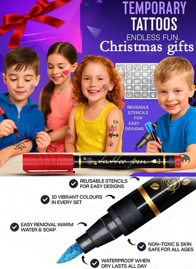 SkinCraft - Safe Temporary Tattoo Pens, Skin Craft Tattoo Markers, 10 Vibrant Colors Body Markers with Reusable Stencils, Skin-Friendly Waterproof Face Paint for Kids Teens Adults Party (20 Pcs)