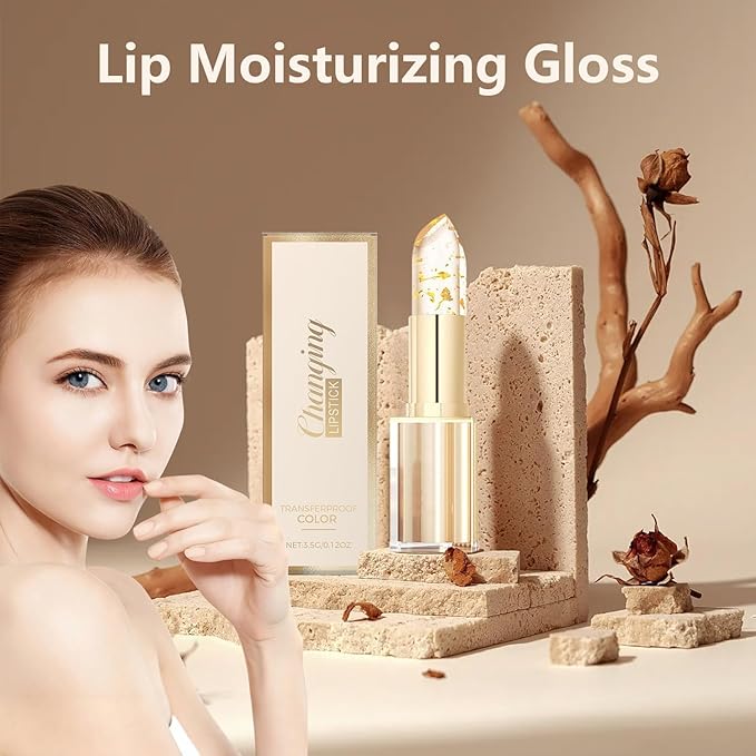 2Pcs Transferproof Color Changing Lipstick, Gold Crystal Ph Lipstick Color Changing, Moisturizing Glossy Shine Clear Lip Color for Women