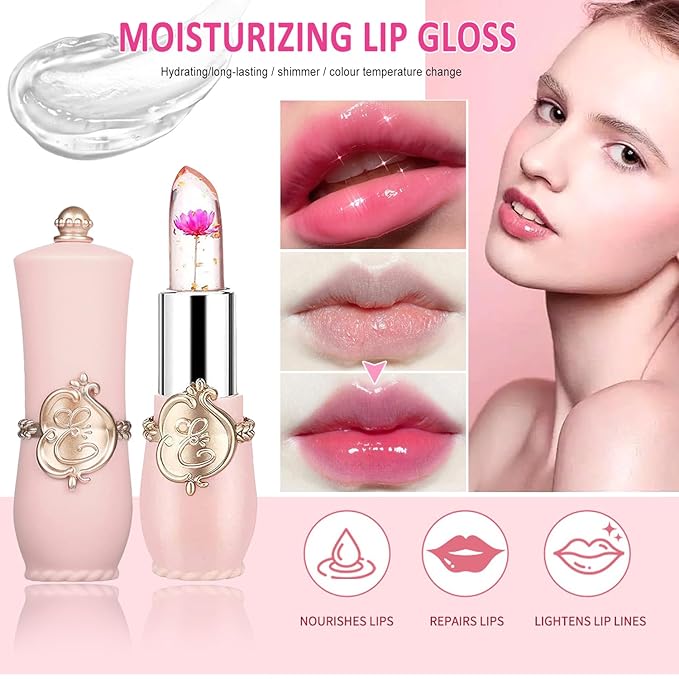 firstfly Pack of 6 Crystal Flower Jelly Lipstick, Long Lasting Nutritious Lip Balm Lips Moisturizer Magic Temperature Color Change Lip Gloss (Pink)