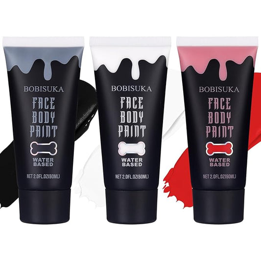 BOBISUKA Black + White + Red Face Body Paint Kit, Water Based Face Painting for Halloween Clown Skeleton Joker Zombie Mime Sugar Skull Makeup for Women Adults, Non-Toxic Washable