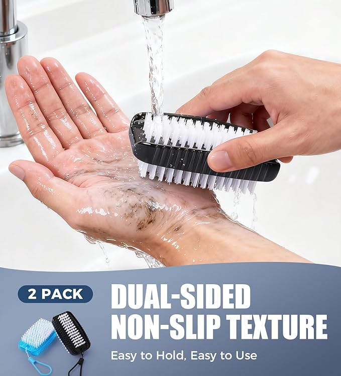 Nail Brush for Cleaning Fingernails, Larbois 2 Pack Two-Sided Extra-Wide Fingernail Brush for Cleaning Stiff Bristles Nail Scrubber Brush Mechanic Hand Scrub Brush with Hanging Rope