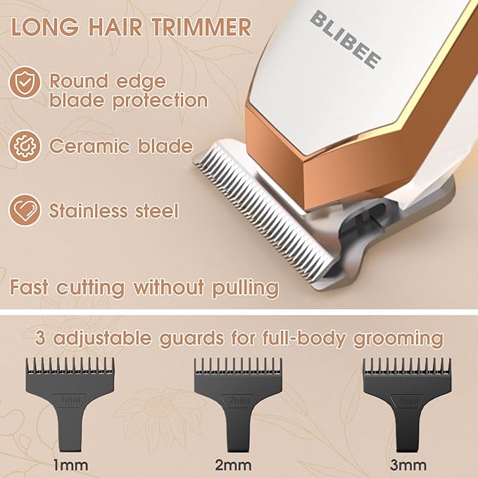 BLIBEE Hair Clippers & Bikini Trimmer for Women - Waterproof Electric Clippers and 4 in 1 Bikini Trimmer Set, Deluxe Hair Trimmer, Wet/Dry Body Shaver for Nose Eyebrows Beard Pubic Hair, Mauve