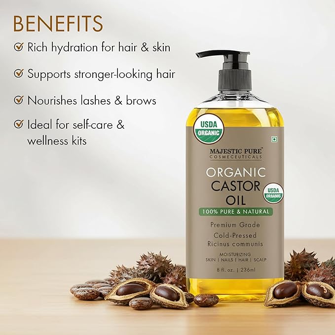 Majestic Pure Organic Castor Oil 8 Fl Oz - 100% Pure and Natural - Premium Grade Carrier Oil - Hair, Eyelashes and Eyebrows - Hair Oil and Body Oil - Cold Pressed - Hexane Free