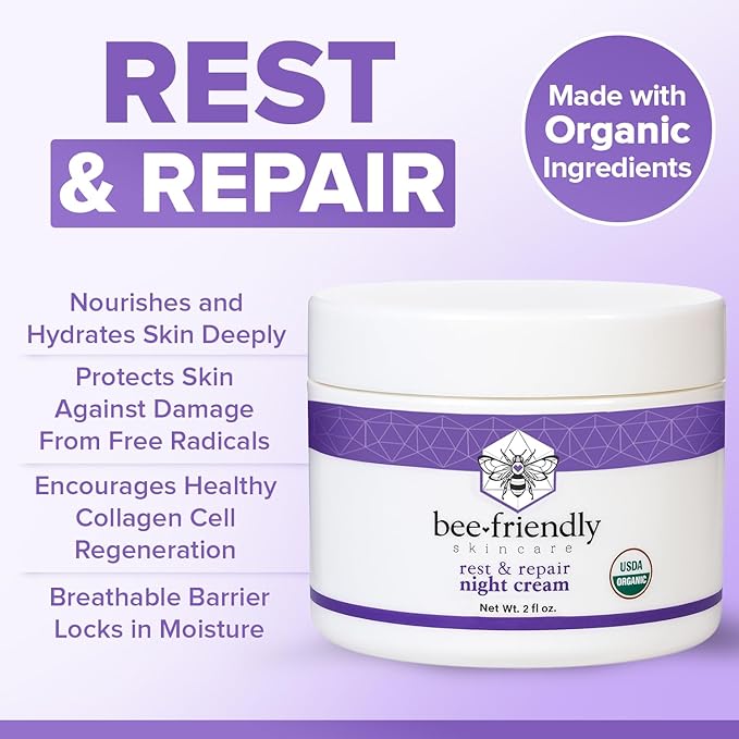 BeeFriendly Organic Night Cream, USDA Certified Organic, Deep Hydrating & Moisturizing Night Time Eye, Face, Neck & Decollete Cream for Women and Men, Anti Aging, Anti Wrinkle 4 oz - 2 Pack