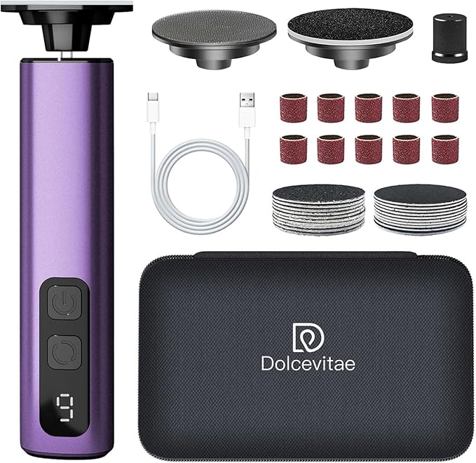 Dolcevitae Electric Foot Callus Remover - 9-Speed with Glass Crystal Grinding Disc & Storage Box, 80/120 Grit Sandpapers (20pcs), 10 Nail Heads, Type-C Fast Charge for Dead Skin