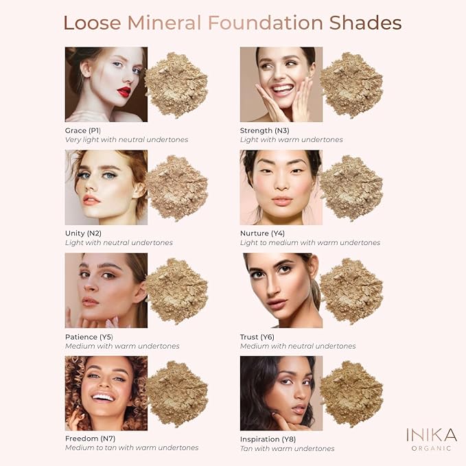 INIKA Organic Mineral Powder Foundation with SPF 25 - Vegan Makeup, Natural Looking, Buildable Coverage, Flawless Radiance & Glow, Blemish Coverage, Cruelty Free, Sustainable Packaging, Grace, 8g