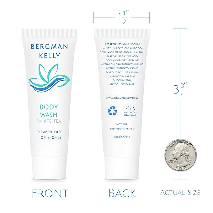BERGMAN KELLY Travel Size Body Wash (1 fl oz, 50 PK, White Tea), Delight Your Guests with a Revitalizing and Refreshing Hotel Body Wash, Quality Mini and Small Size Guest Hotel Toiletries in Bulk
