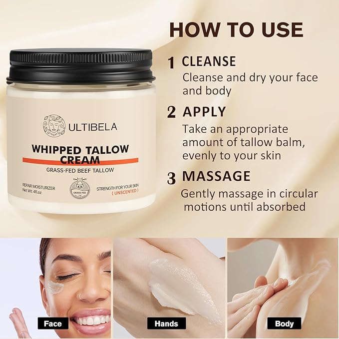 Beef Tallow for Skin, 100% Grass-Fed Whipped Tallow and Honey Balm for Body ＆ Face Natural Body Cream for Dry & Sensitive Skin Care 4OZ (Unscented)