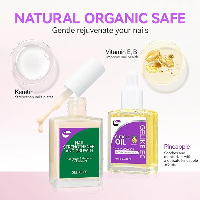 Gelike EC 2-in-1 Nail Rescue Kit: Apricot Nail Nail Growth Treatment & Pineapple Cuticle Oil (15ml) - Tropical Scented Nail Care - Strengthens & Brightens - Travel-Friendly Mini Size