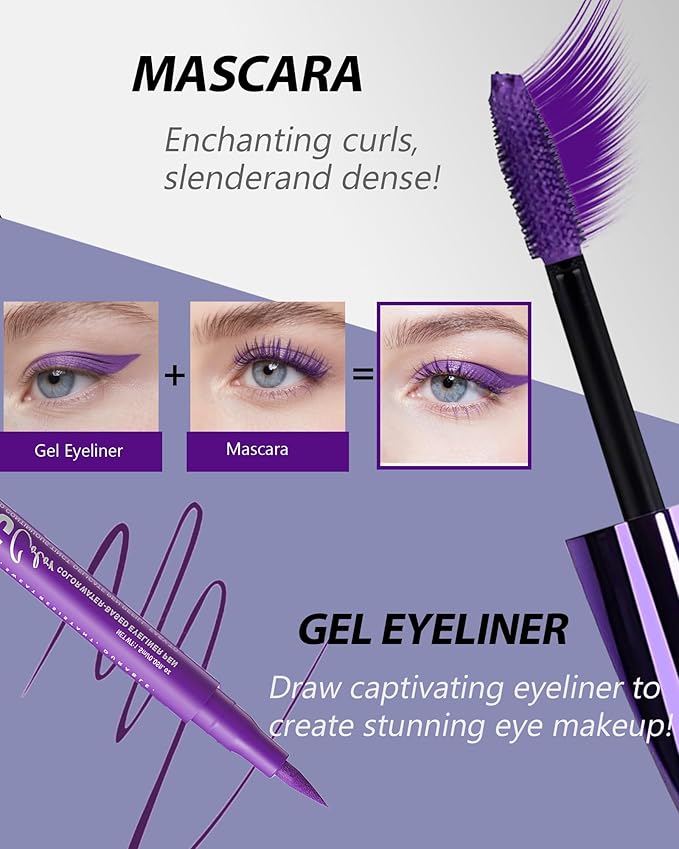 Waterproof Purple Mascara&Liquid Eyeliner Pen Set,Volumizing Colored 5D Fiber Mascara for Eyelash Volume and Length Máscara,Longlasting Smudgeproof Matte Color Eye Liner Pencil Women Party Stage Use