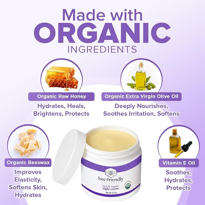 BeeFriendly Organic Night Cream, USDA Certified Organic, Deep Hydrating & Moisturizing Night Time Eye, Face, Neck & Decollete Cream for Women and Men, Anti Aging, Anti Wrinkle 4 oz - 2 Pack