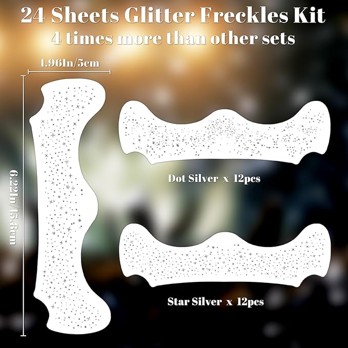24pcs Glitter Freckles Face Tattoo - Silver Face Sparkle Freckles Temporary Tattoos for Women Girls, Waterproof & Long Lasting Freckles Makeup Patches for Party, Concerts, Daily Accessories