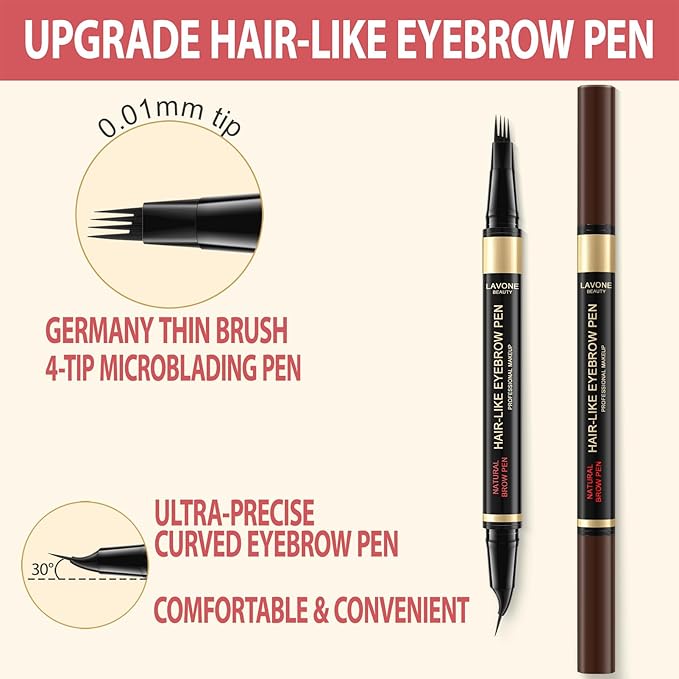 LAVONE Eyebrow Pen, 2-in-1 Eyebrow Pencils for Women with 4 Tip Microblading Eyebrow Pencil and Curved Precise Brow Pencil, Waterproof Eyebrow Pencil Create Full, Natural Hair-Like Brows, Grey