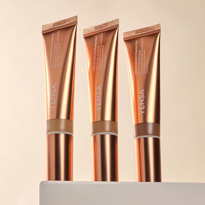 YENSA Skin on Skin BC Foundation Makeup - CC, BB Cream & Full Coverage Foundation-In-One - Buildable, Radiant Finish with SPF 40, Hyaluronic Acid, Peptides & 8 SuperBlacks - Medium Golden (1 oz)