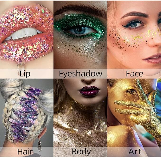 Body Glitter Stick, Sparkling Neon Outfit Holographic Sequins Glitters for Eye Lip Hair Nails Face and Body Glitter Gel Makeup (Gold &White& Red)