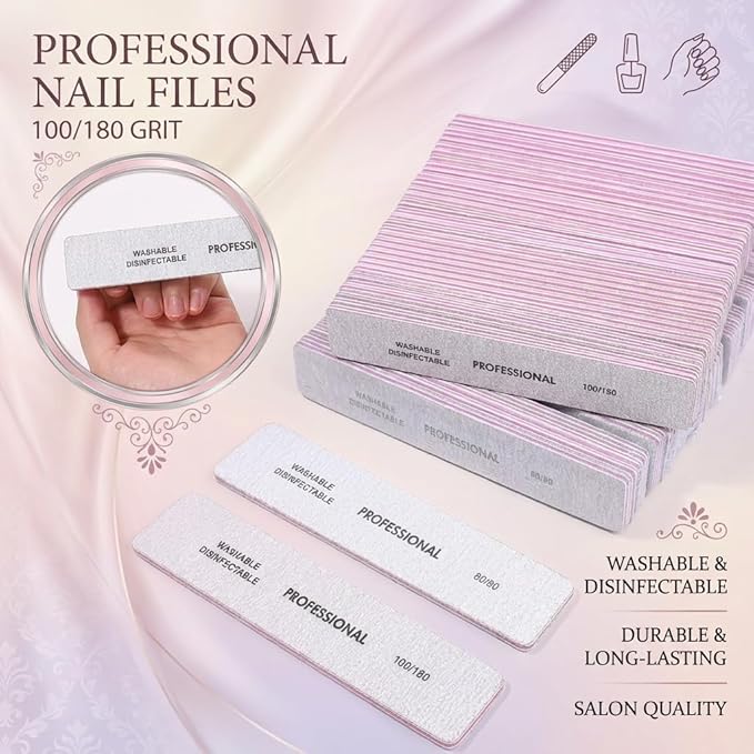 Klimonla 25PCS Professional Rectangular Emery Board Nail Files, 100/180 Grit Dual-Sided Buffer, Reusable Nail Filing Tools for Natural & Acrylic Nails, Home & Salon Manicure Supplies