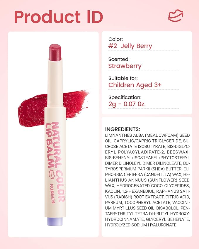 RUNBEN Kids Tinted Lip Balm, Jelly Berry Lipstick, 24H Moisturizing, Safe & Non-toxic Lip Gloss for Kids & Teen, Christmas Makeup Gift for Girls, 2g