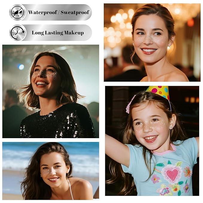 24pcs Glitter Freckles Face Tattoo - Silver Face Sparkle Freckles Temporary Tattoos for Women Girls, Waterproof & Long Lasting Freckles Makeup Patches for Party, Concerts, Daily Accessories