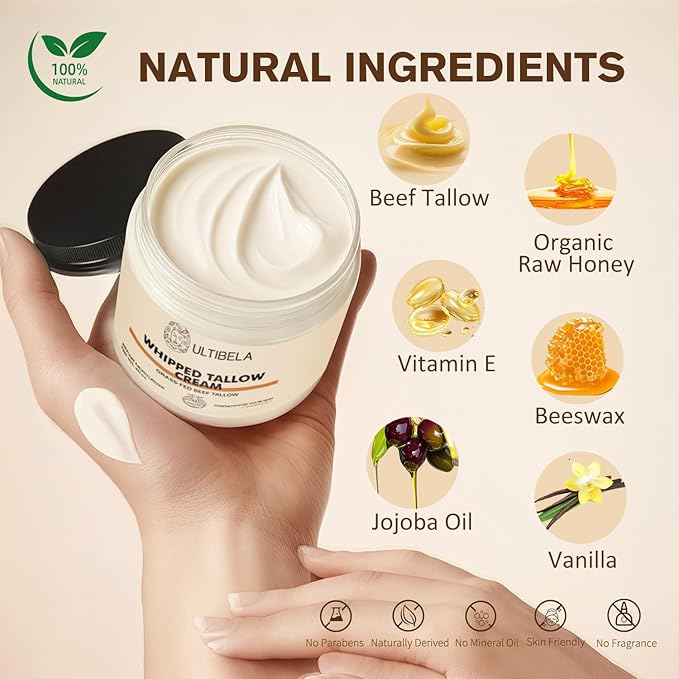 Beef Tallow for Skin, 100% Grass-Fed Whipped Tallow and Honey Balm for Body ＆ Face Natural Body Cream for Dry & Sensitive Skin Care 4OZ (Vanilla)