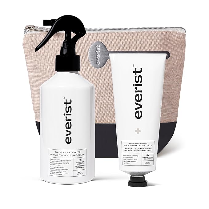 Everist The Silky Skin Ritual Set, 3.4 fl. oz Exfoliating Body Wash Concentrate & 6.09 fl. oz Body Oil Spritz in Jute Travel Bag, Cleansing & Hydrating For All Skin Types