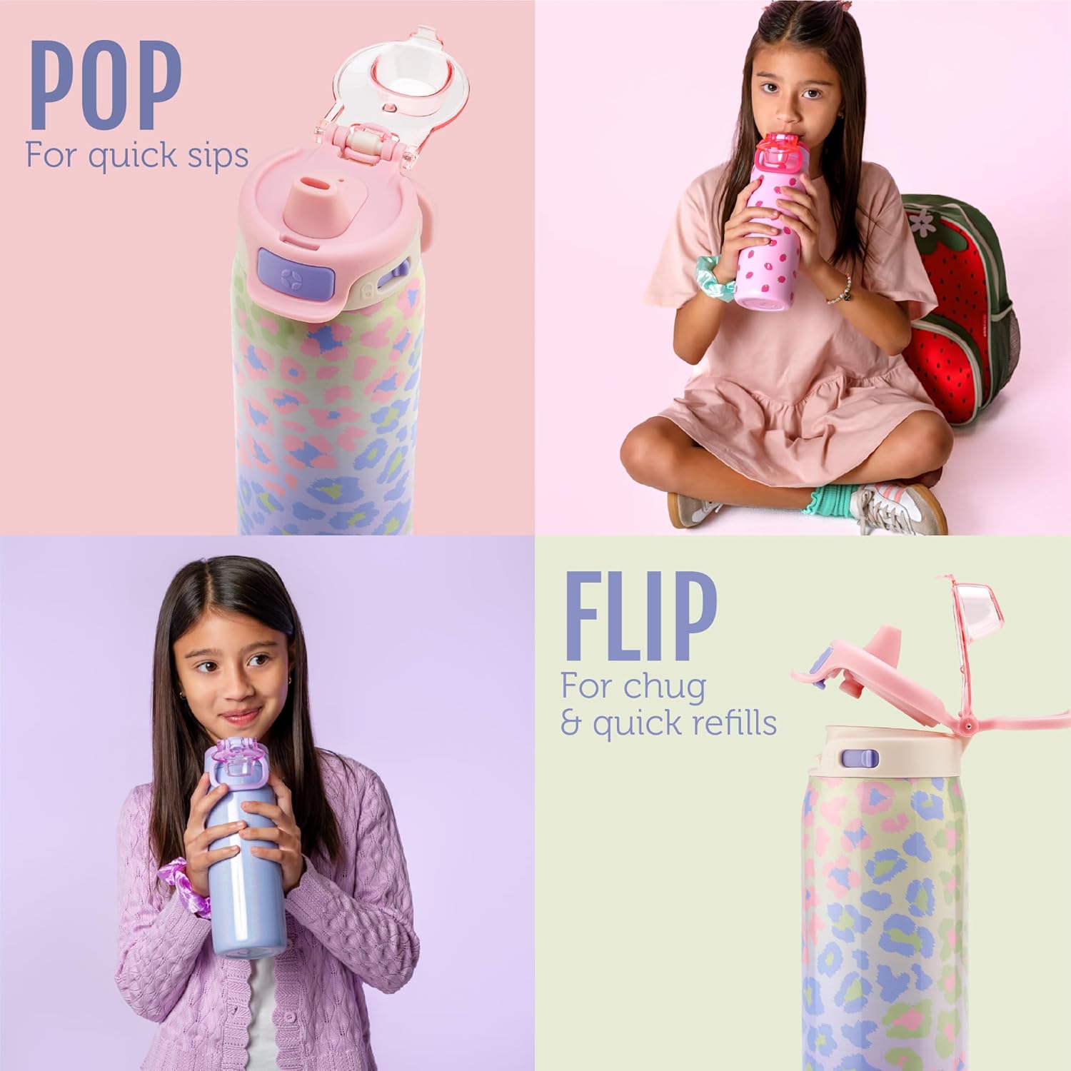 Pop & Fill 18Oz Stainless Steel Kids Water Bottle with Quick Fill Lid | Vacuum Insulated BPA Free Bottle with Leak Proof Straw and Chug Lid, Dishwasher Safe, Gift for Kids Teens, Cheetah
