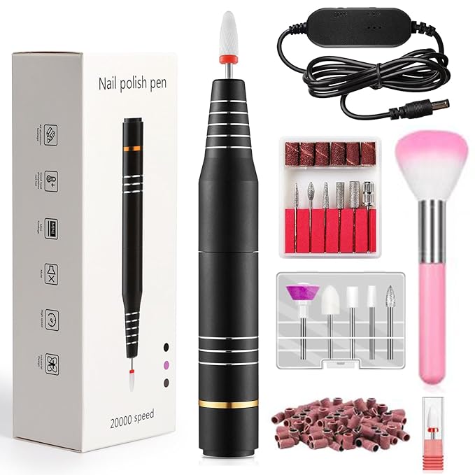 QPVZX Electric Nail Drill, Ultra-Quiet Low Vibration Electric Nail File, Portable Electric Nail File for Crystal Gel Nails, Manicure and Pedicure Tools Polishing Set for Home and Salon Use (Black Set)
