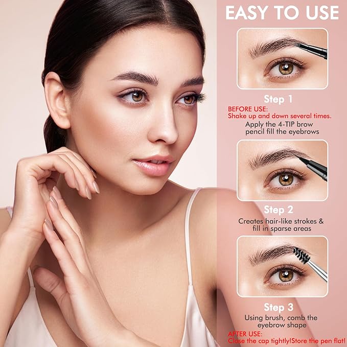 Eyebrow Pencil, 2-in-1 Waterproof Eyebrow Pen with 4 Tip Brow Pen and Ultra-Precise Brow Pencil, with Dual-ended Eyebrow Brush, Eyebrow Makeup for Natural Looking Eyebrows - Ash Brown