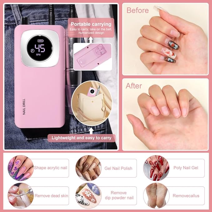 ANRLO Professional Electric Nail Drill, 45000 RPM Cordless Rechargeable E-File Machine, with 12 Bits, Sanding Bands, LCD Display for Acrylic Gel Nails (DMJ-V4-PINK-USB)