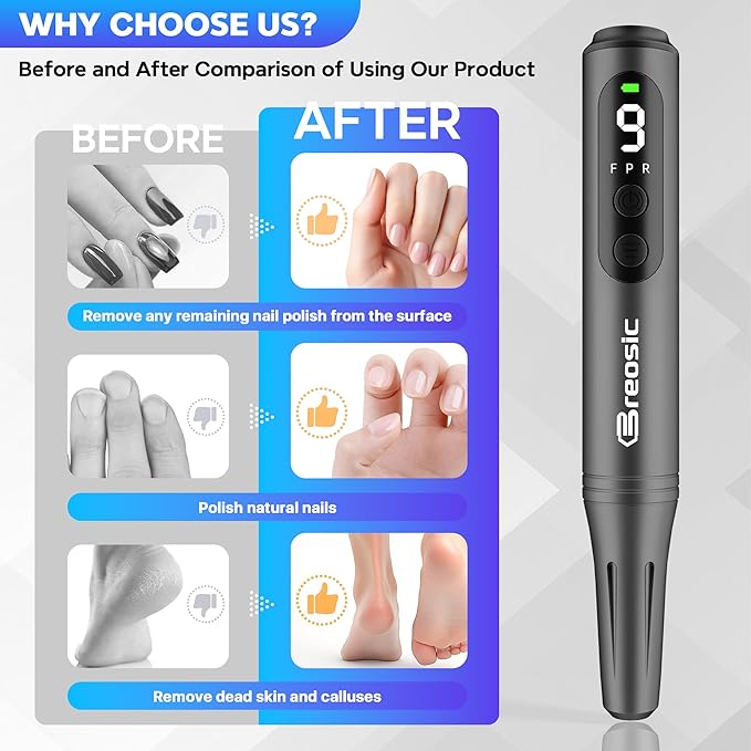 Breosic Electric Nail Drill,12-in-1 Nail File Portable 35000RPM,USB-Rechargeable Cordless Nail Drill Professional with 9-Speed & LED Display Manicure Pedicure Nail Kits forGel Nails & Acrylic(Gray)
