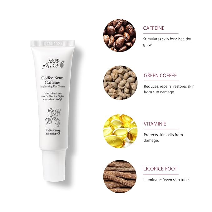 100% PURE Coffee Bean Caffeine Eye Cream Refresh & Hydrate Under Eye Treatment Reduce Puffiness, Dark Circles, Wrinkles with Green Tea, Rose Hip, Vitamin E - Youthful Vibrant Eyes - Vegan - 1 oz