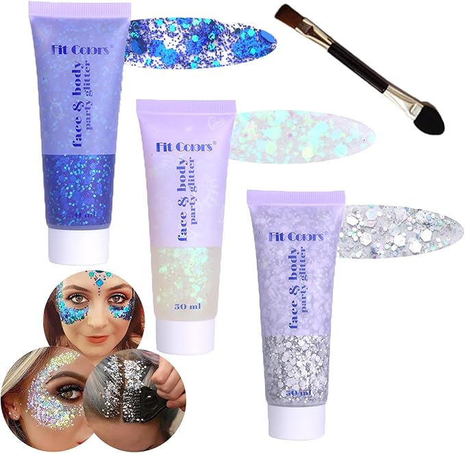 Body Glitter Face Glitter Gel: Singer Concerts Disco Festival Rave Accessories Face Glitter Makeup Chunky Sequins Mermaid Face Body Hair Glitter Gel (White&Silver&Blue)