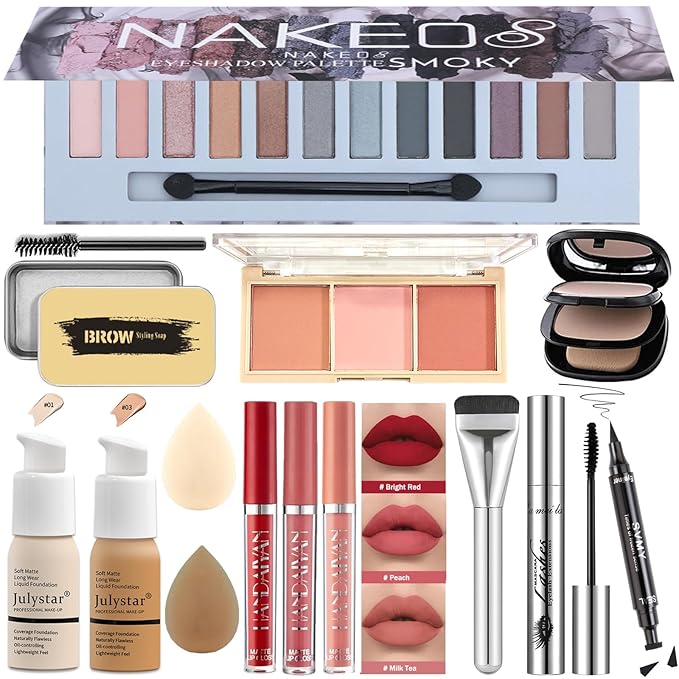 All in One Makeup Kit for Women-Full Professional Kit With 12 Color Eyeshadow, Foundation, Lipsticks, Eyeliner, Blush, Eyebrow Soap, Makeup Brush, Makeup Gift Set for Women Teens (Cool Grey)