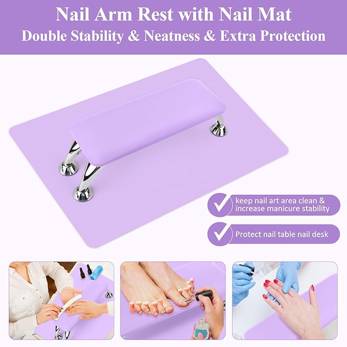 Nail Arm Rest for Acrylic Nails with Nail Table Mat, Microfiber Leather Nail Hand Rest Cushion for Nails, Soft Hand Pillow Footstool with Foldable Nail Art Hand Rest Pad for Nail Tech Use (Purple)