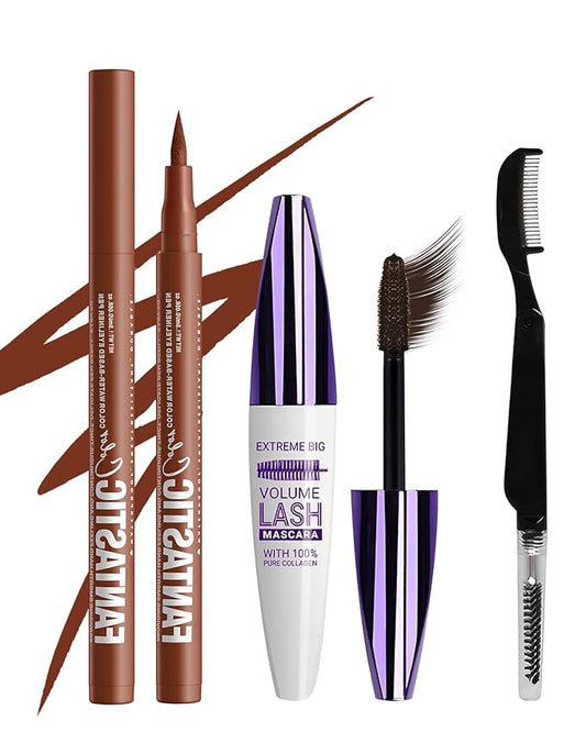 Waterproof Brown Mascara&Liquid Eyeliner Pen Set,Volumizing Colored 5D Fiber Mascara for Eyelash Volume and Length Máscara,Longlasting Smudgeproof Matte Color Eye Liner Pencil Women Party Stage Use