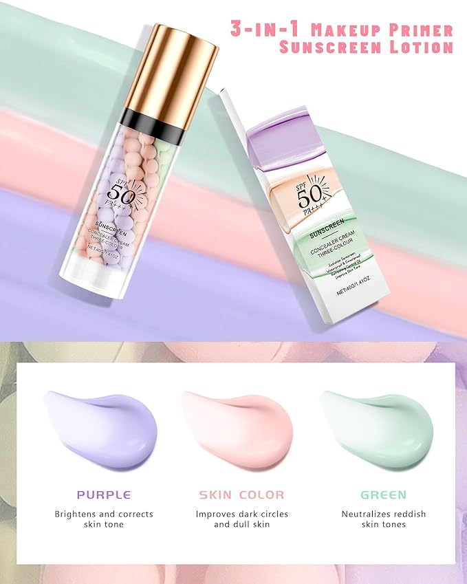 3 In 1 Primer for Face Before Makeup, SPF 50+++Sunscreen Isolation Cream One Step Concealer Color Corrector Primer Base,Moisturizing&Oil Control Skin Tone Correcting Foundation for Women Radiance Skin