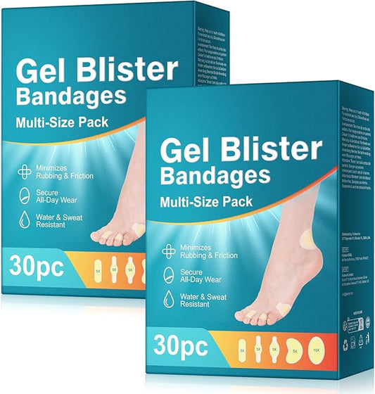 30PCS Hydrocolloid Gel Blister Bandages Pads, Multi-Size Waterproof Adhesive Blister Bandages, Waterproof Blisters Pads & Blisters Cushions for Heel, Toe & Foot, 2Pack