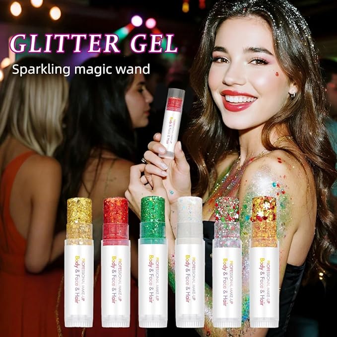 Body Glitter Stick, Sparkling Neon Outfit Holographic Sequins Glitters for Eye Lip Hair Nails Face and Body Glitter Gel Makeup (Gold &White& Red)