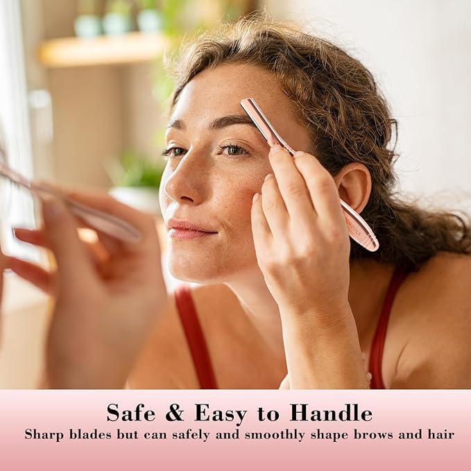 EROWZOLA Eyebrow Razor for Women and Men, Face Razors for Women, Dermaplane Razor with Protective Silicone Cover, Reusable Metal Handle with 6 Refill Blades, Skin Care Tool - Rose Gold