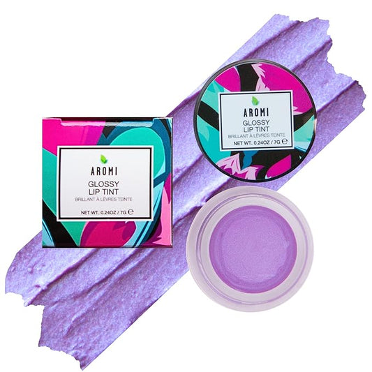 Aromi Glossy Lip Tint in Pot – Shimmery, Hydrating Lip Gloss Color, Metallic, Light Purple Shade, Vegan & Cruelty-free, Moisturizing, Non-Sticky Formula (Lilac Bloom)
