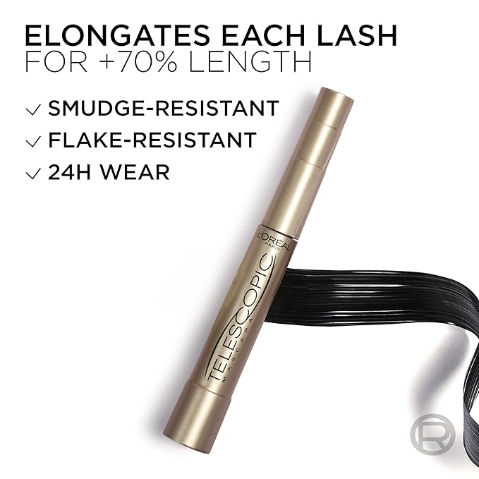 L'Oreal Paris Makeup Telescopic Original Lengthening, Lash Separating Mascara with Dual Precision Brush, Washable, Black, 0.27 Fl Oz., 1 Count