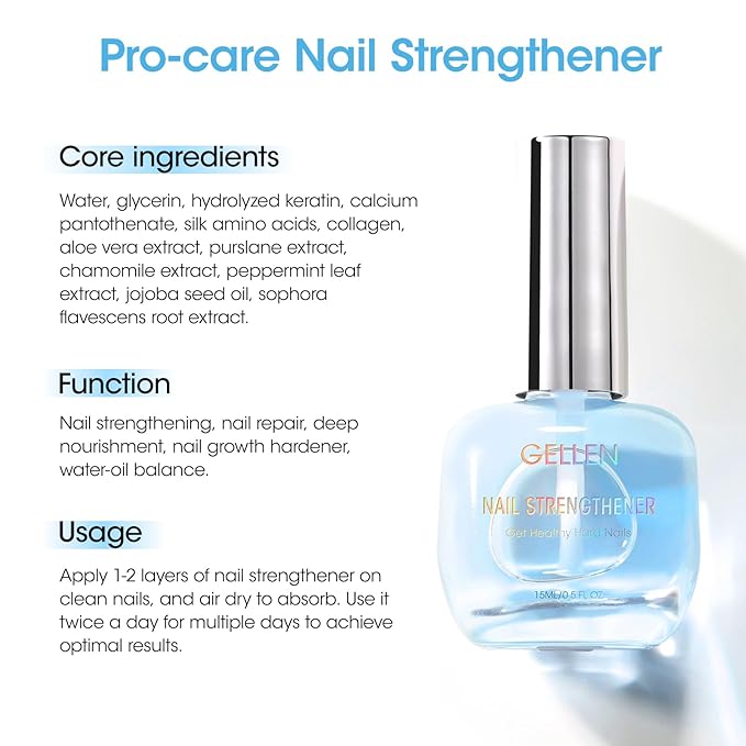 GELLEN Nail Strengthener Ocean Scent, 8-In-1 Pro Care Nail Repair Growth Serum for Thin Damaged Nails, Air Dry Clear Finish, Non-Polish, Keratin Calcium Nourishes Strengthens & Growth
