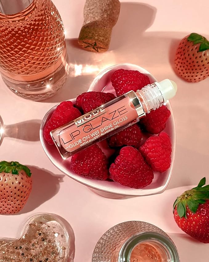 MODE Lip Glaze Flavored Lip Gloss Yummy PINK CHAMPAGNE Delicious Flavor, Roll On Sweet Wet Nourishing Shine, Hydrating Moisturizing Natural Skincare Fruit Oils, Made in NY USA