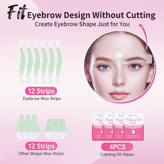 Beauty7 Facial Wax Strips Kit for Hair Removal - Eyebrow Wax Strips at Home - 24 Strip, 4 Calming Oil Wipes for Sensitive All Skin Types for Women