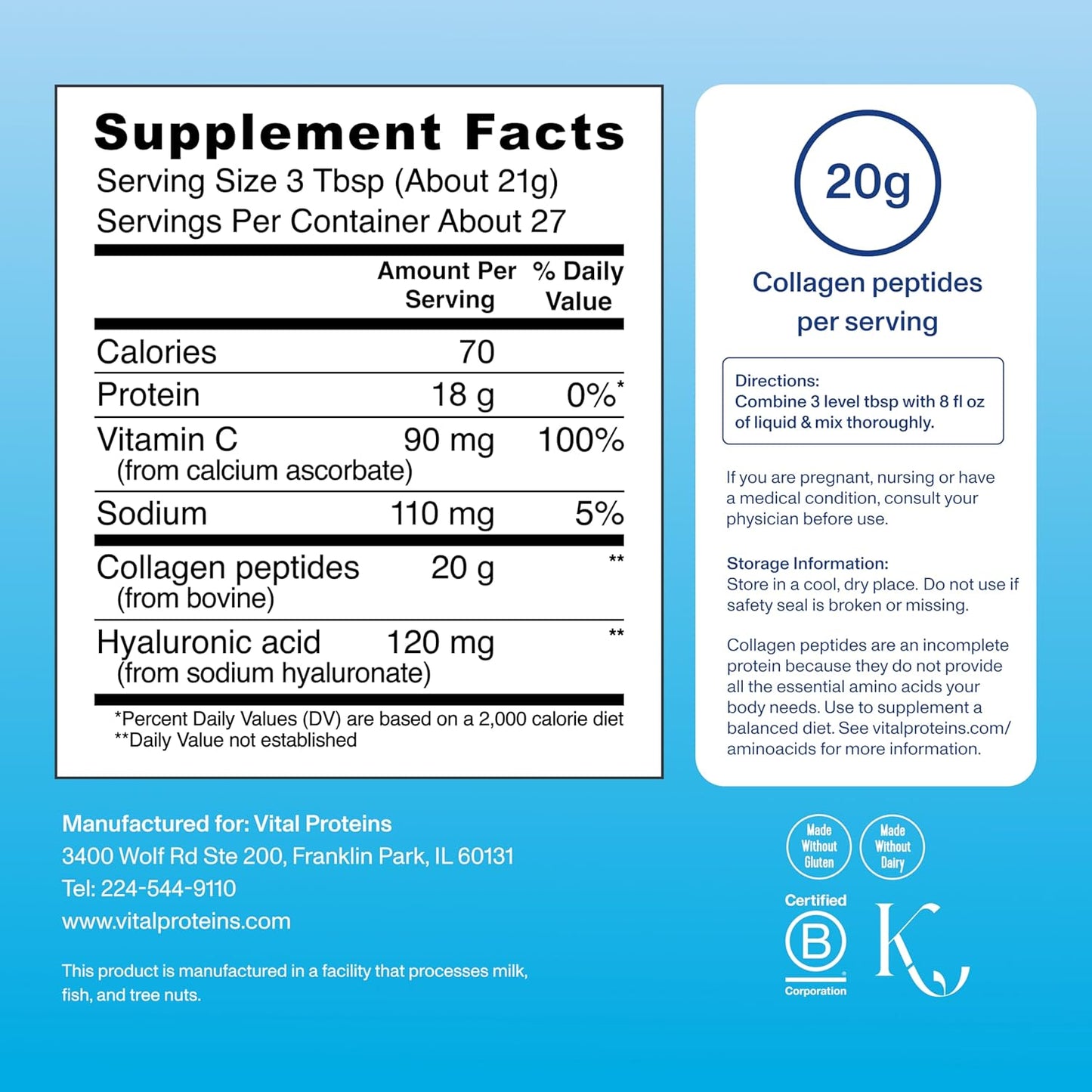 Collagen Peptides Powder Advanced with Hyaluronic Acid & Vitamin C, 20Oz Collagen Protein, Unflavored, 27 Servings