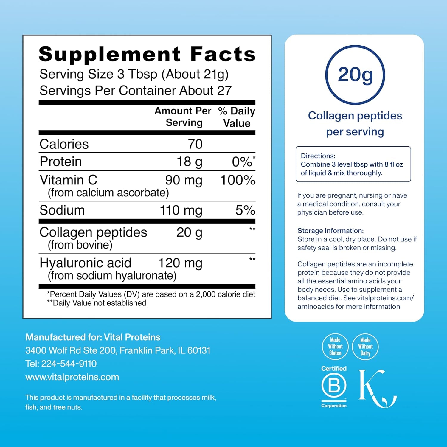 Collagen Peptides Powder Advanced with Hyaluronic Acid & Vitamin C, 20Oz Collagen Protein, Unflavored, 27 Servings